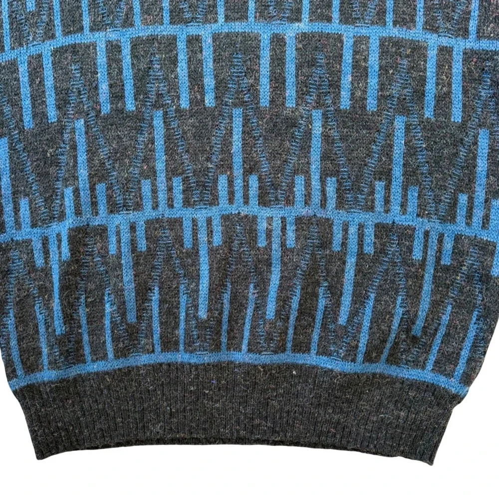 Vintage 80s Peter England Geometric Grandpa Sweater M Black Blue Wool Blend Knit